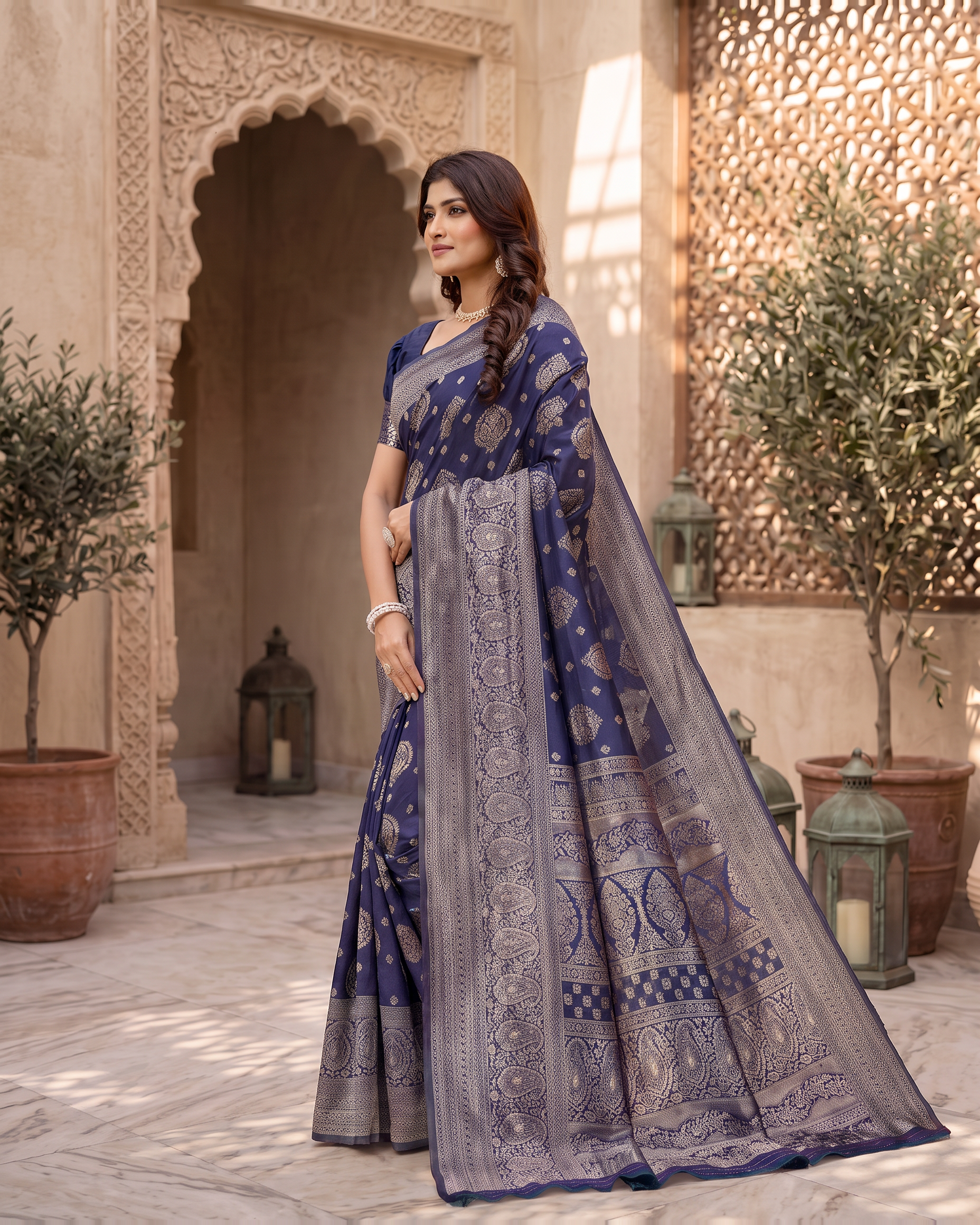Kamalika Regal Border Silk Saree - Navy Blue - side drape
