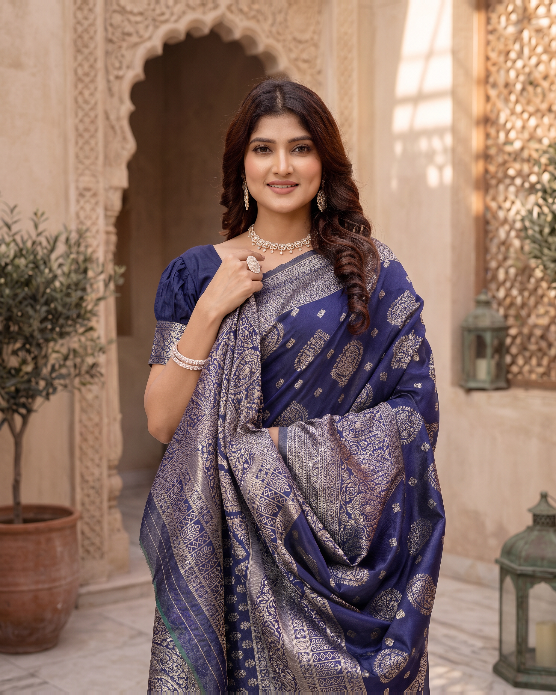 Kamalika Regal Border Silk Saree - Navy Blue - upper closeup