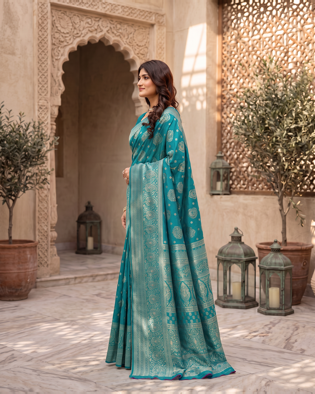 Kamalika Regal Border Silk Saree - Rama Green - side drape