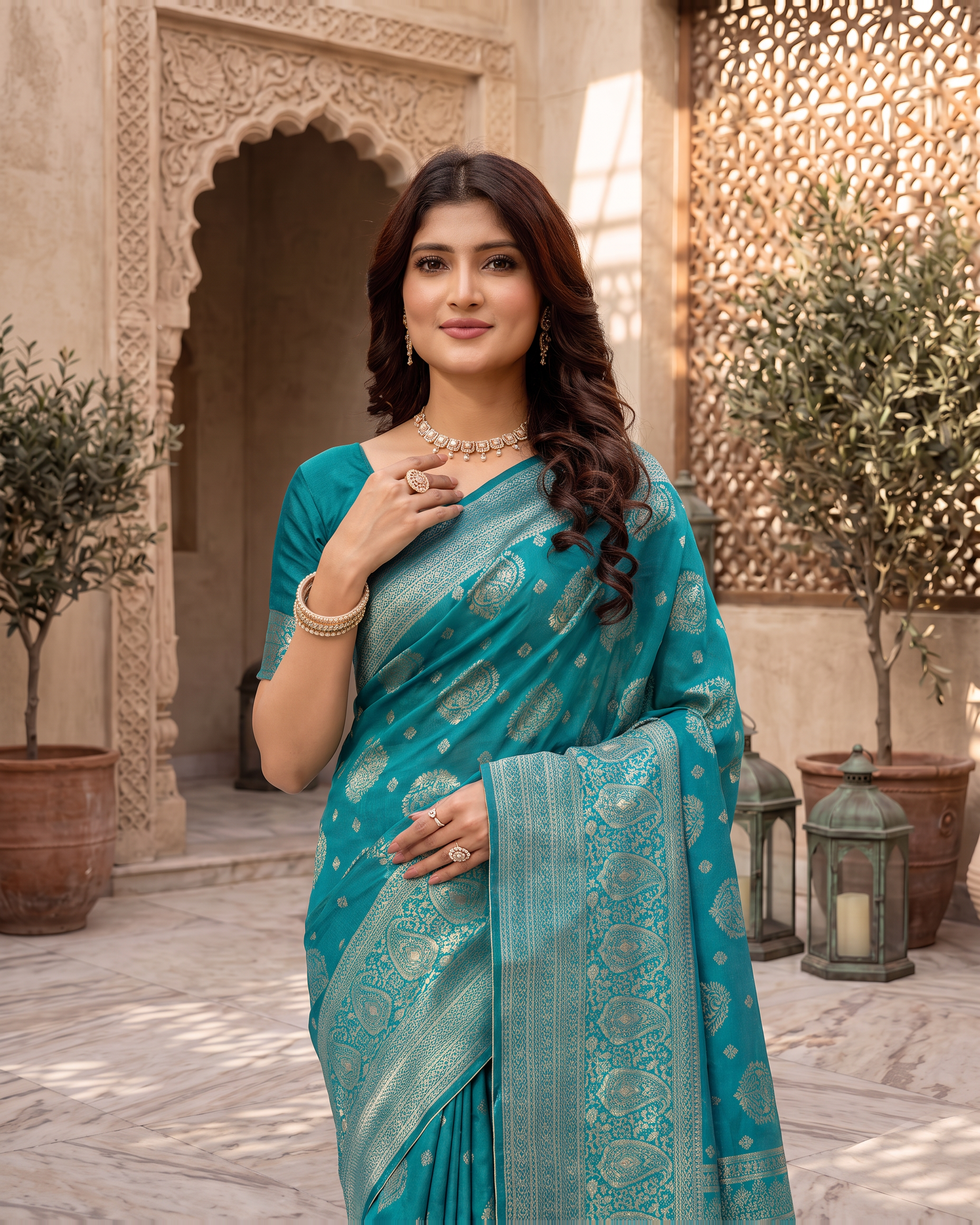 Kamalika Regal Border Silk Saree - Rama Green - upper closeup