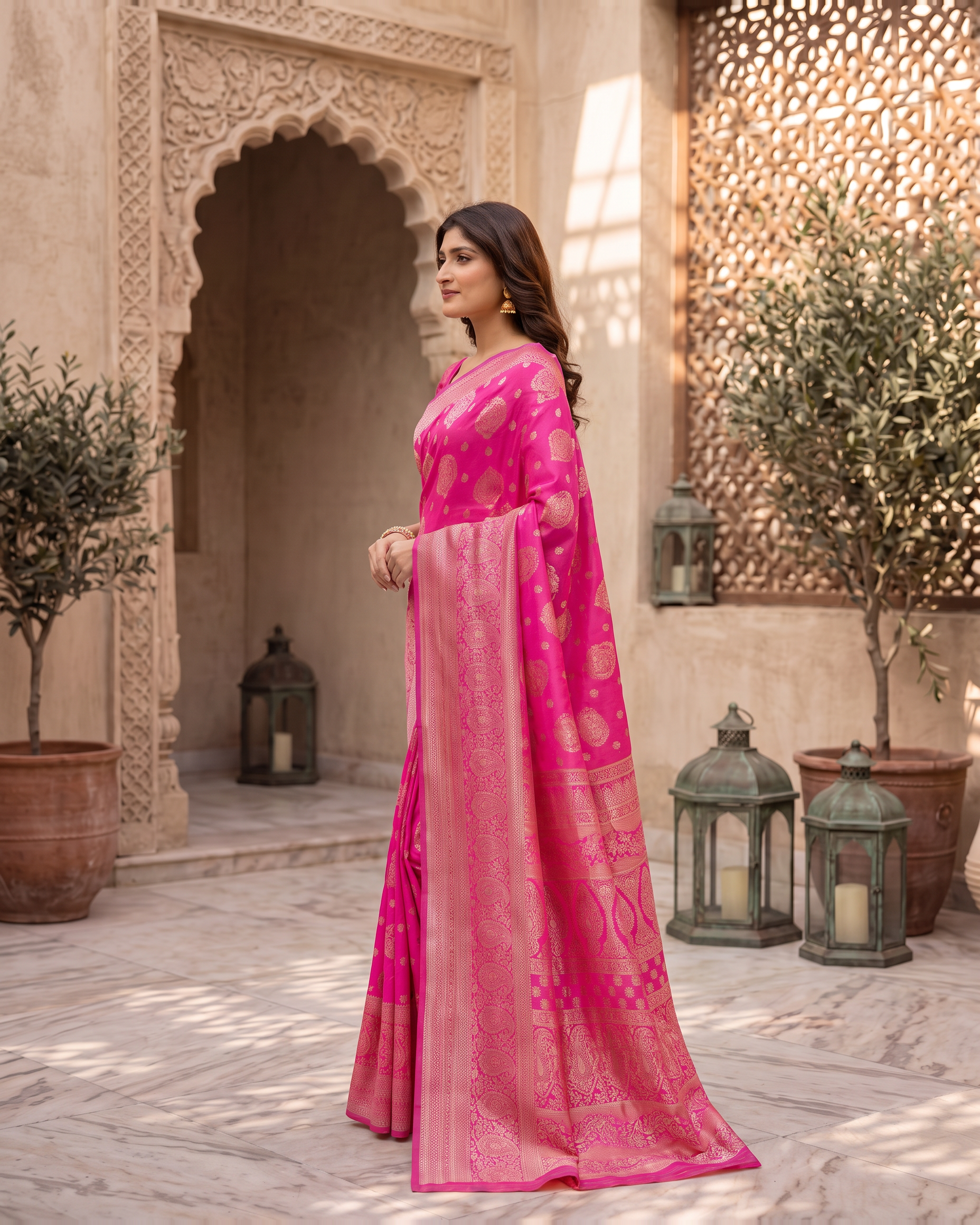 Kamalika Regal Border Silk Saree - Rani Pink - side drape
