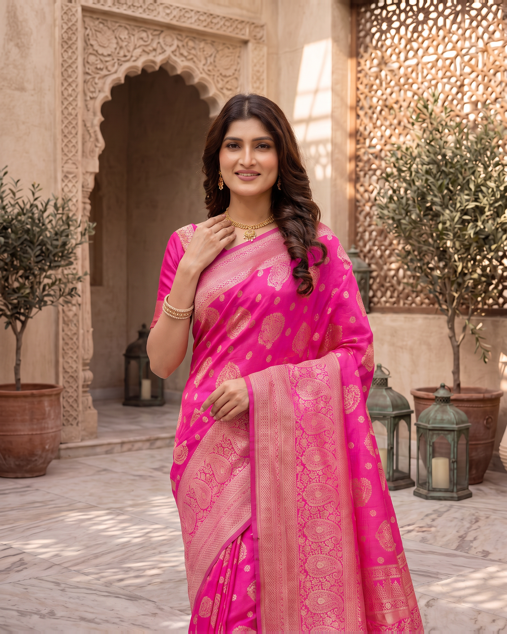 Kamalika Regal Border Silk Saree - Rani Pink - upper closeup