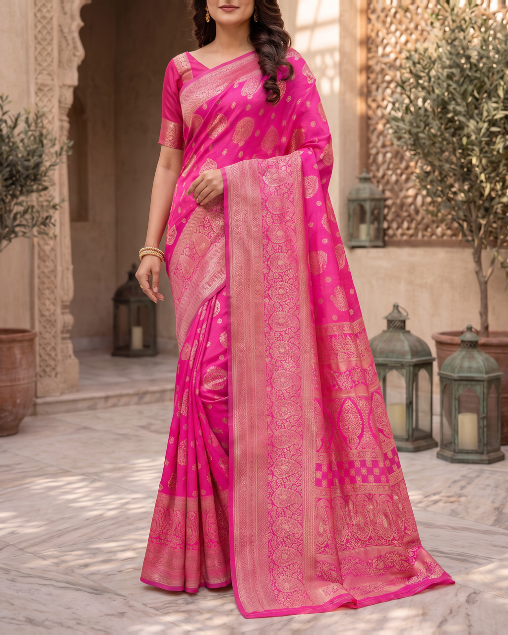 Kamalika Regal Border Silk Saree - Rani Pink - lower border closeup