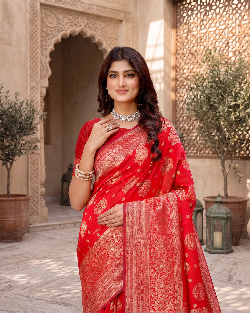 Kamalika Regal Border Silk Saree - Red - upper closeup