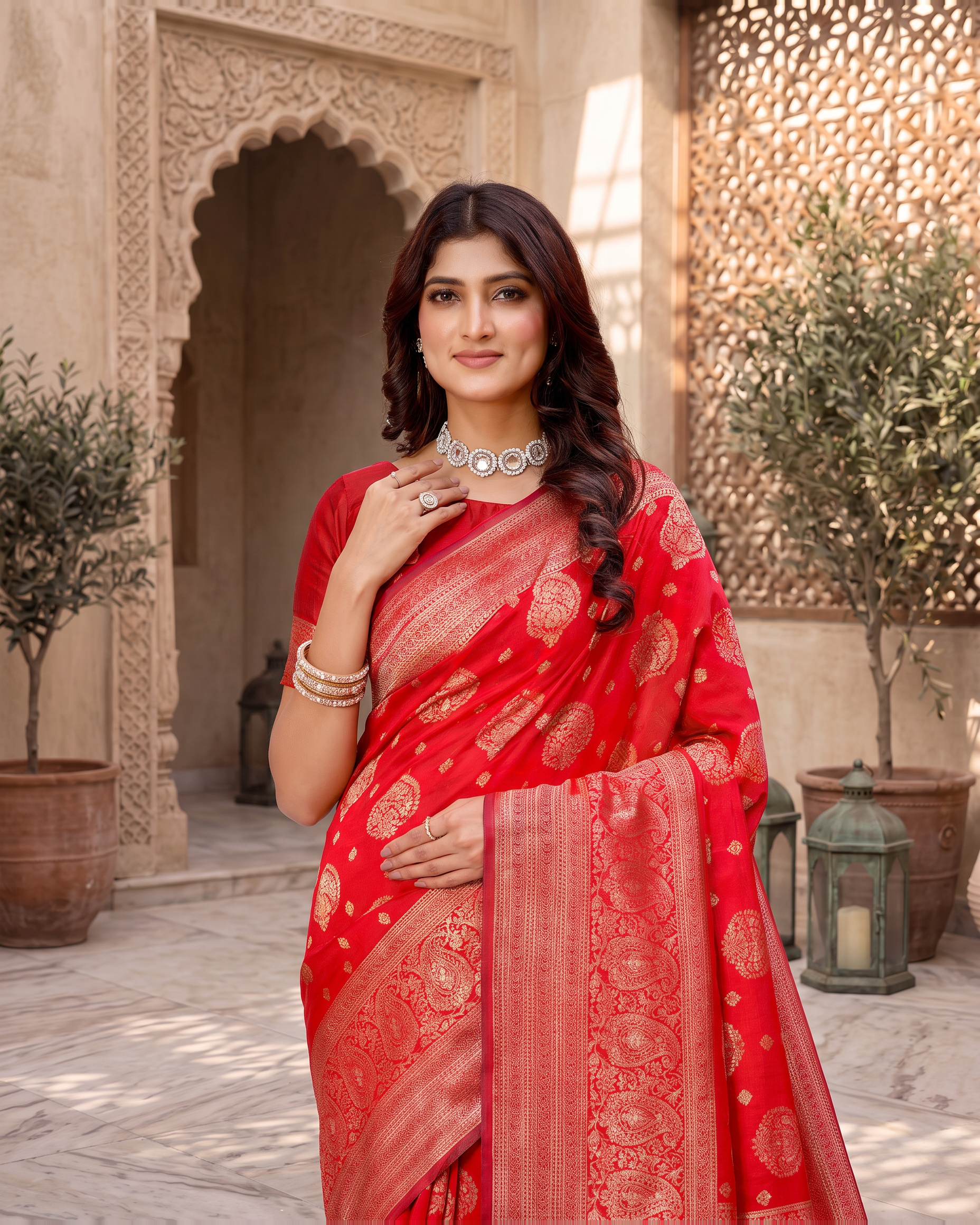 Kamalika Regal Border Silk Saree - Red - upper closeup