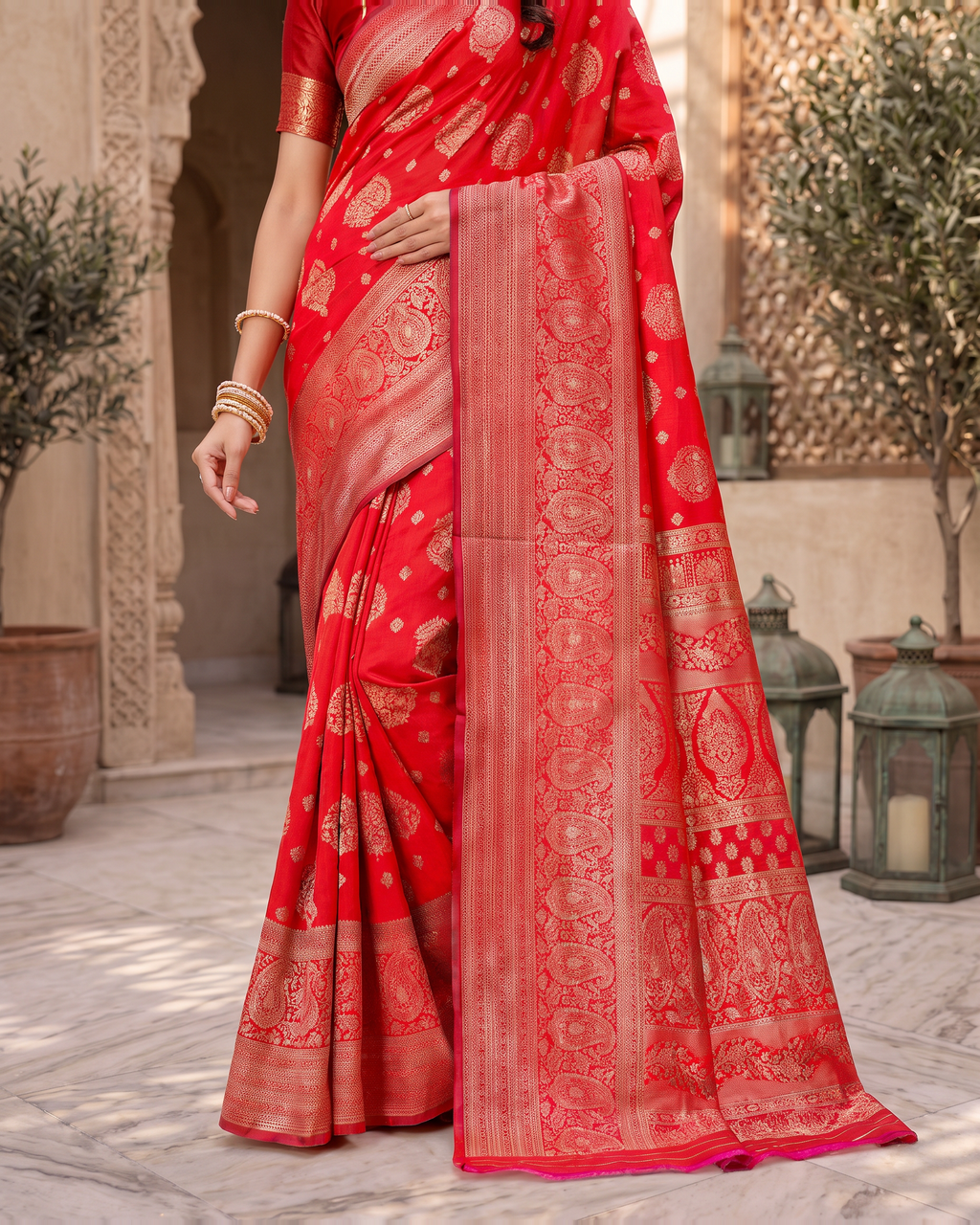Kamalika Regal Border Silk Saree - Red - lower border closeup