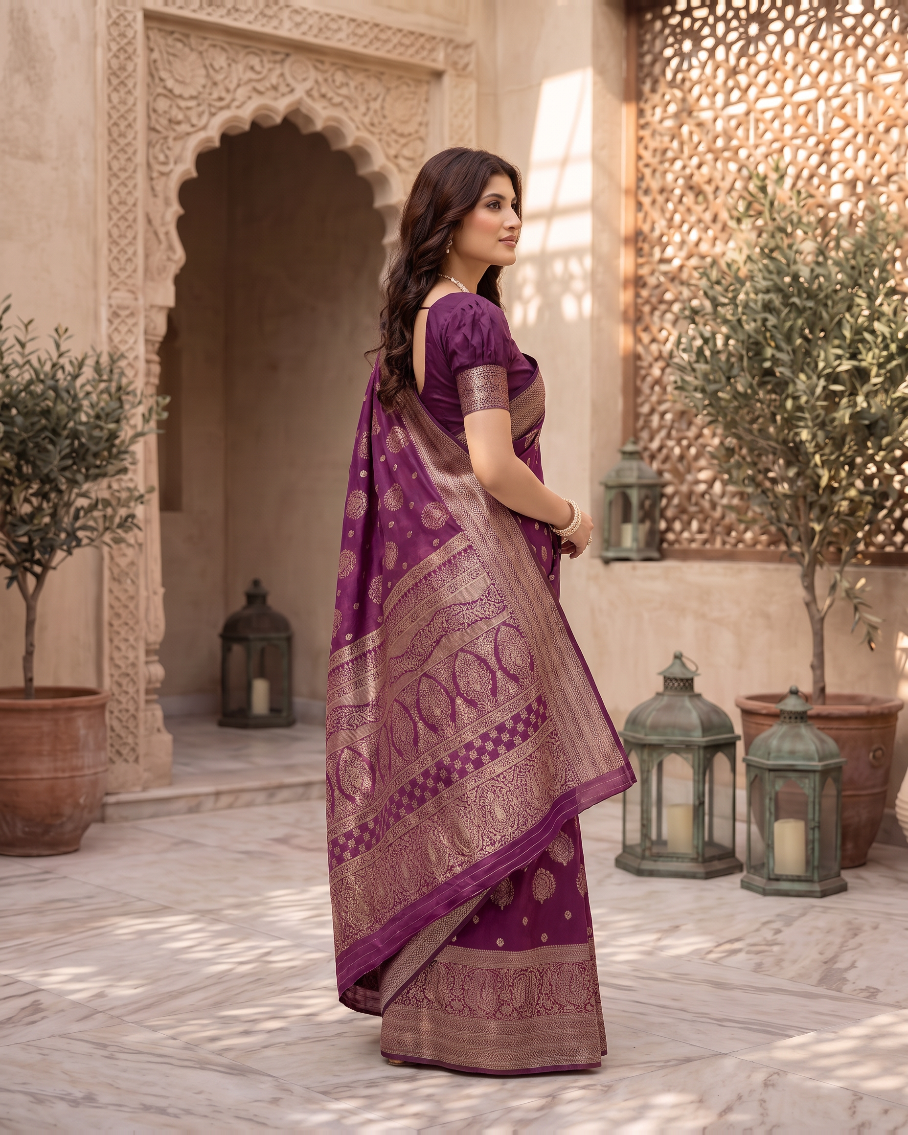 Kamalika Regal Border Silk Saree - Wine - side drape