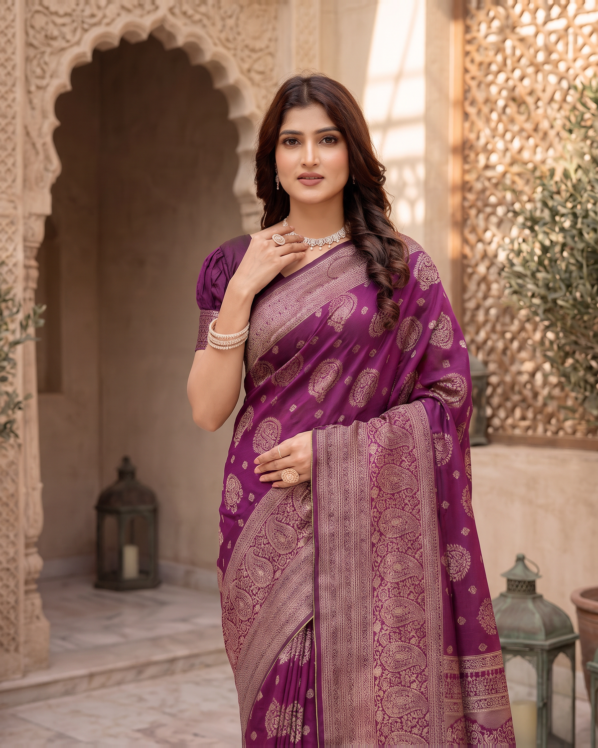 Kamalika Regal Border Silk Saree - Wine - upper closeup