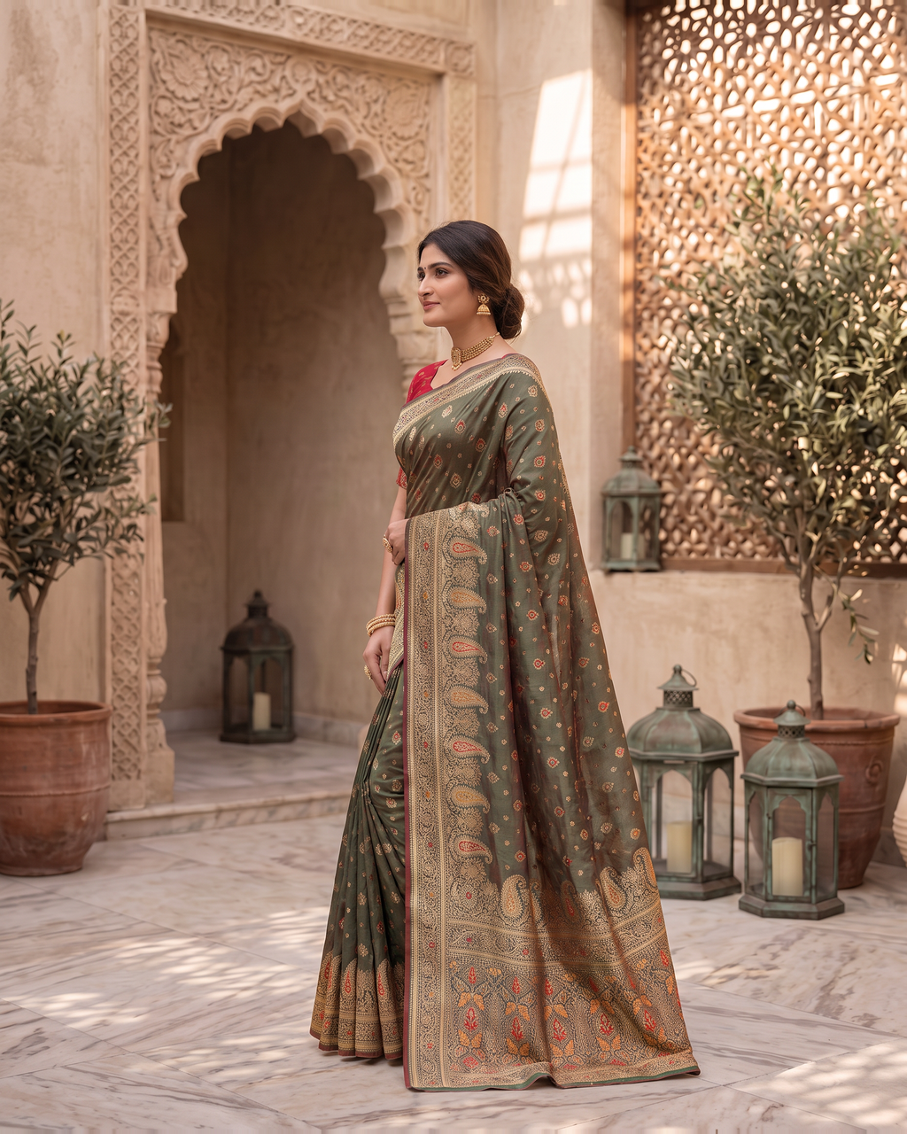 Kashish Floral Vine Zari Silk Saree with Rich Border - Green - side