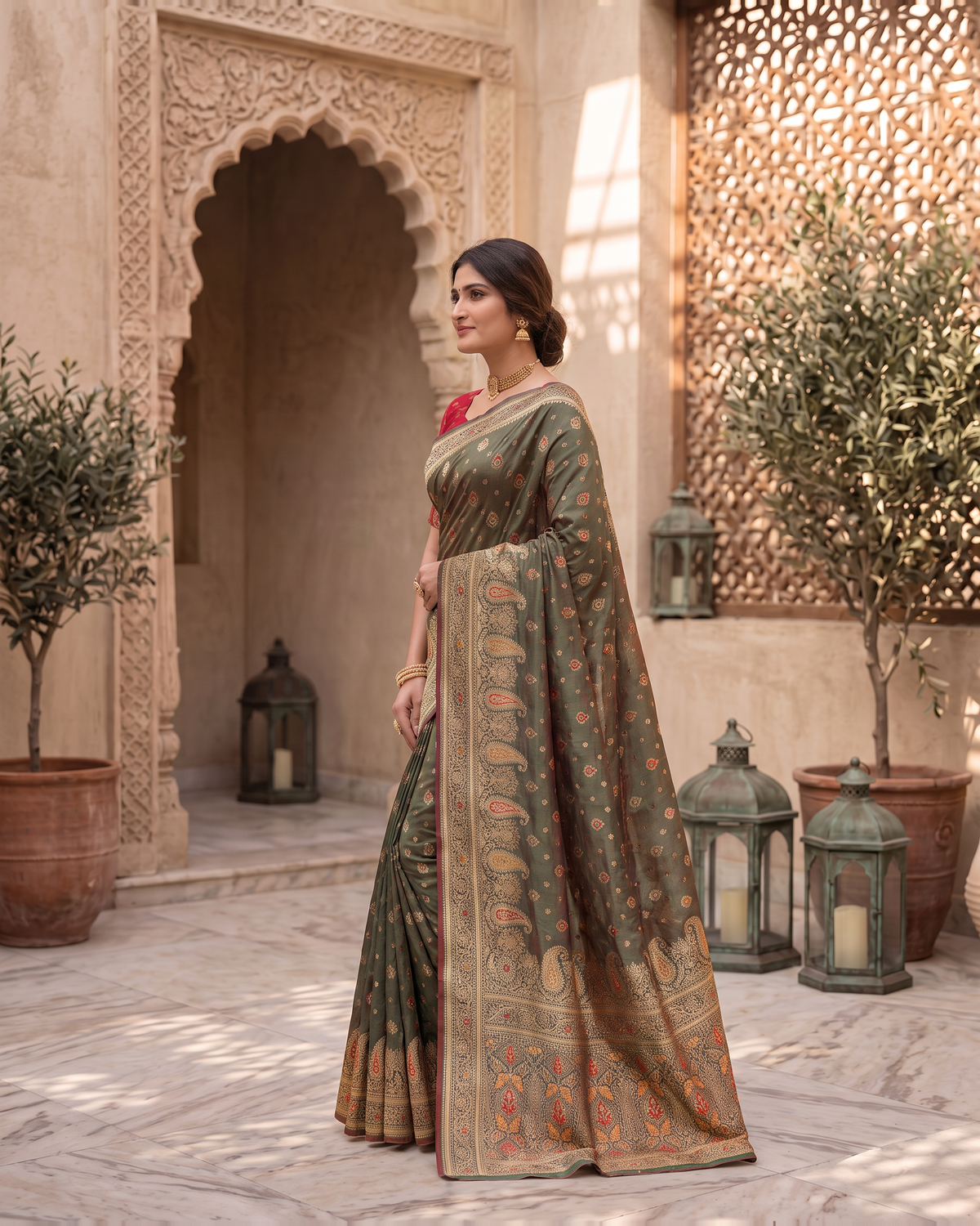 Kashish Floral Vine Zari Silk Saree with Rich Border - Green - side