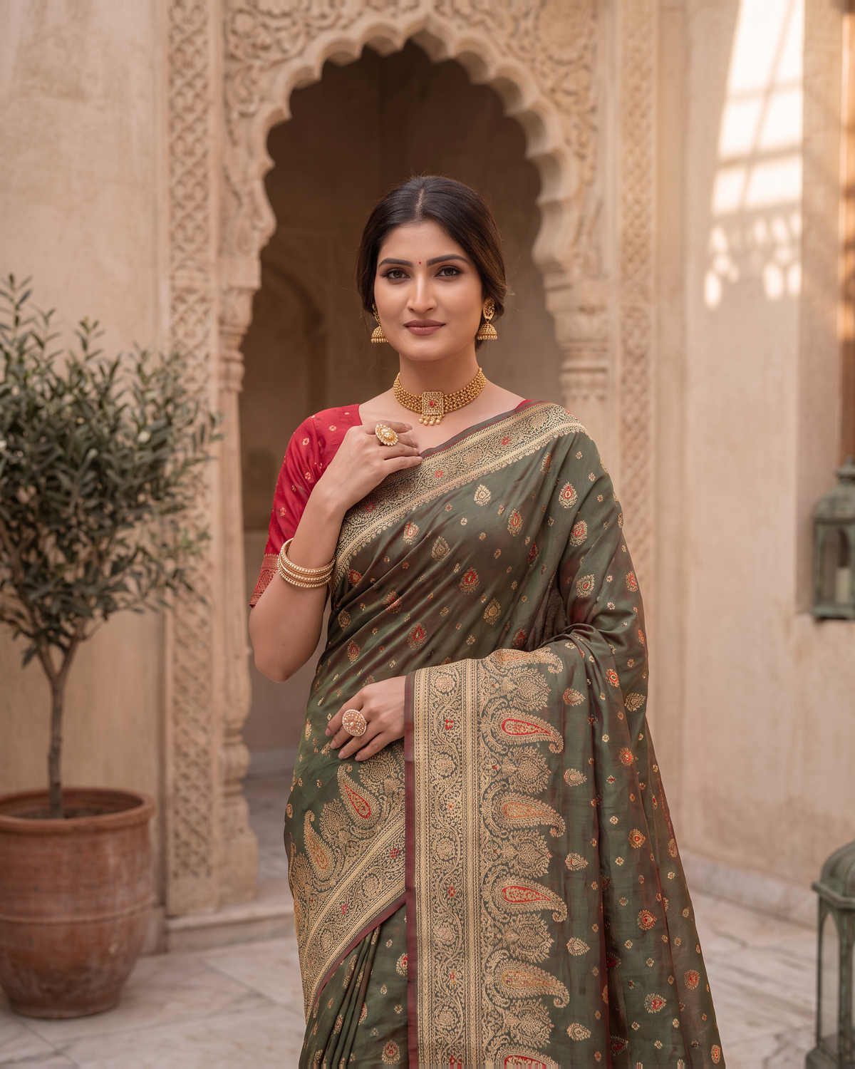 Kashish Floral Vine Zari Silk Saree with Rich Border - Green - upper closeup