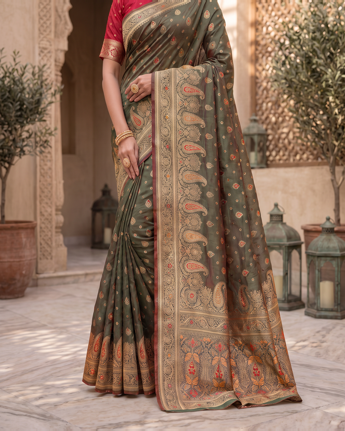 Kashish Floral Vine Zari Silk Saree with Rich Border - Green - lower closeup
