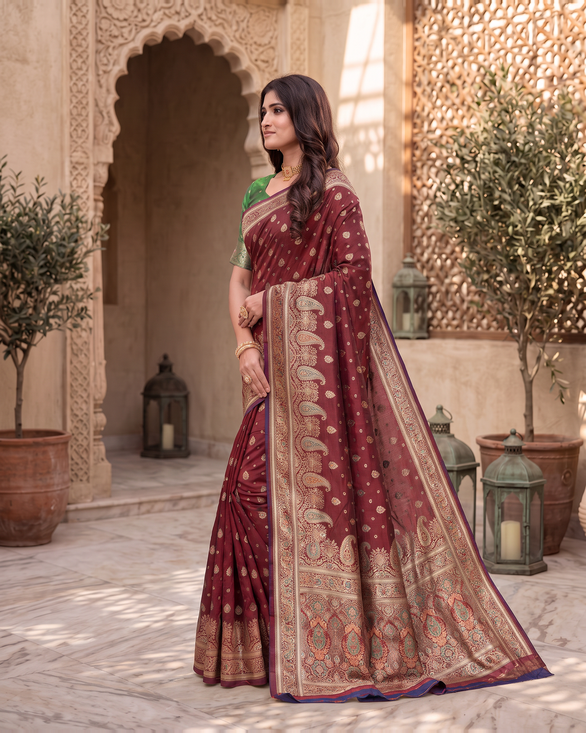 Kashish Floral Vine Zari Silk Saree with Rich Border - Maroon - side