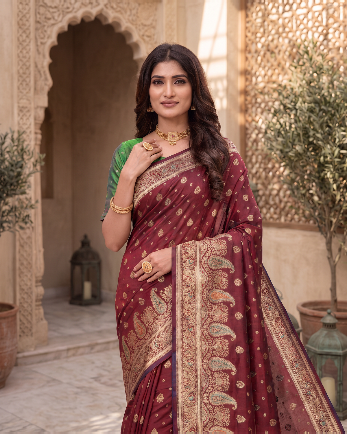 Kashish Floral Vine Zari Silk Saree with Rich Border - Maroon - upper closeup