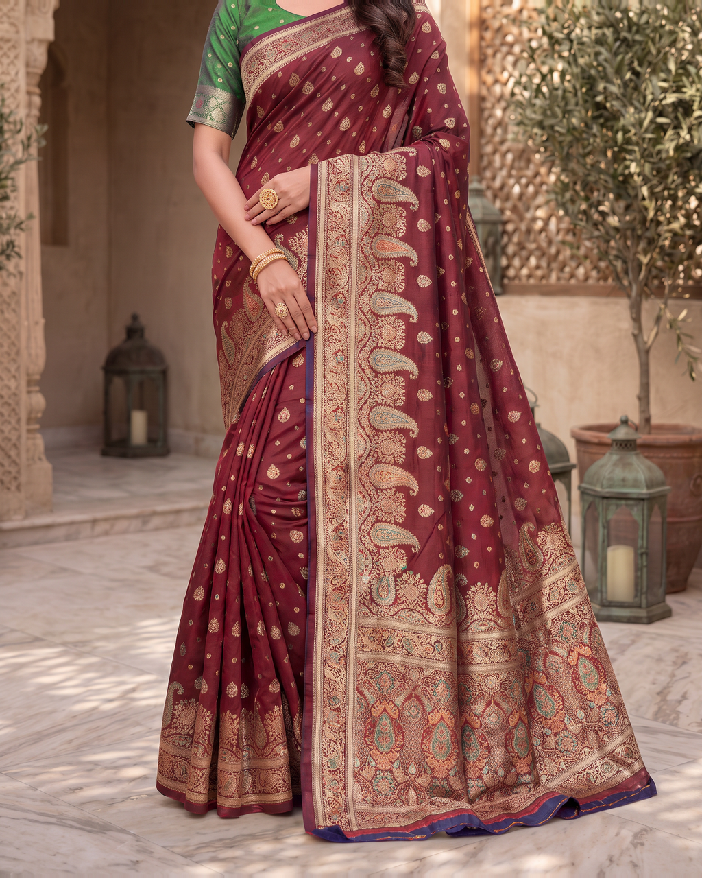 Kashish Floral Vine Zari Silk Saree with Rich Border - Maroon - lower closeup