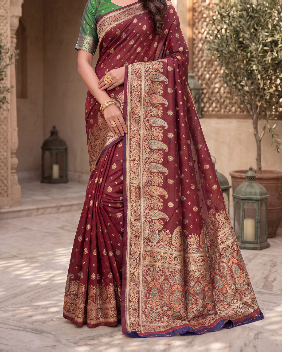 Kashish Floral Vine Zari Silk Saree with Rich Border - Maroon - lower closeup