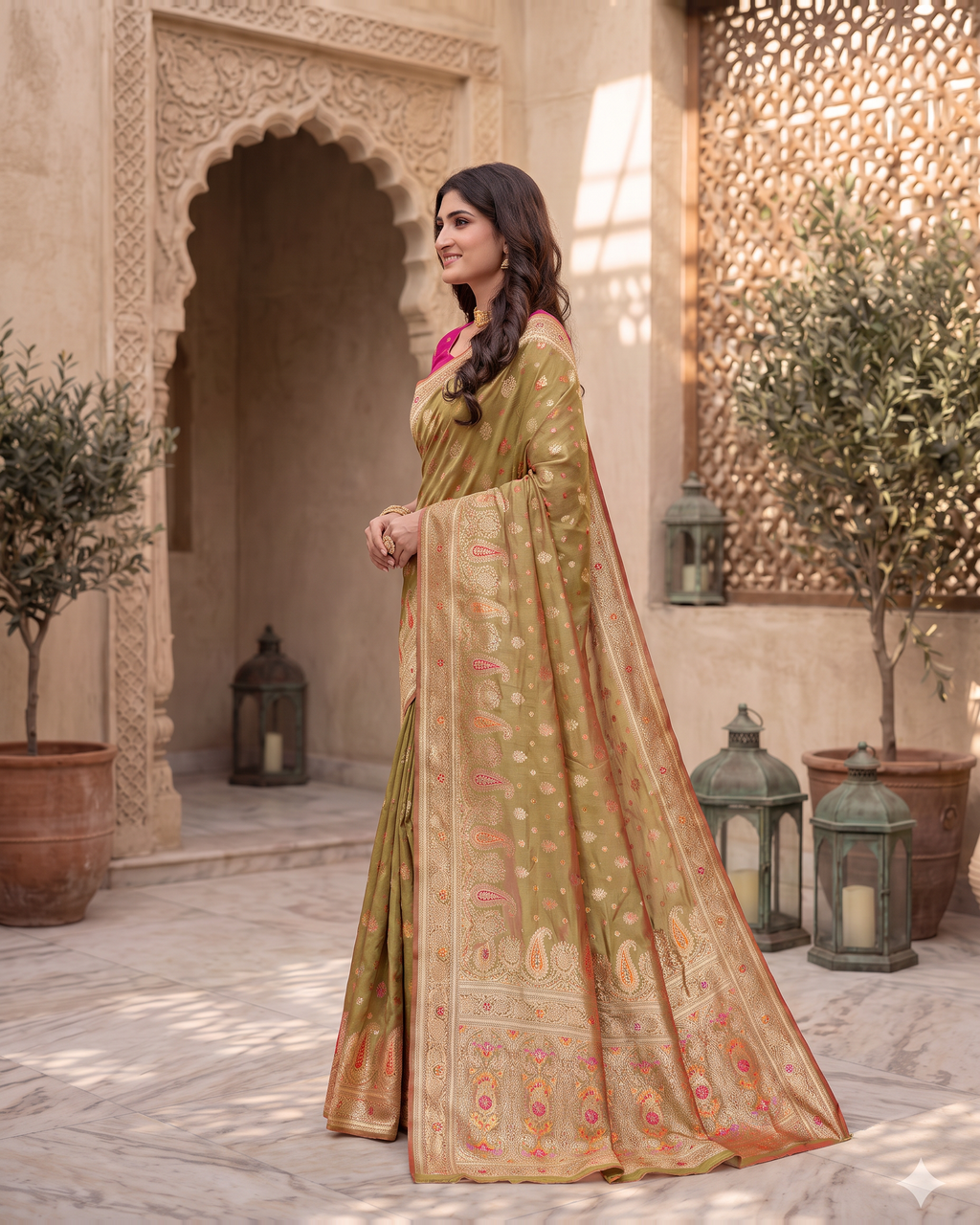 Kashish Floral Vine Zari Silk Saree with Rich Border - Mehndi - side