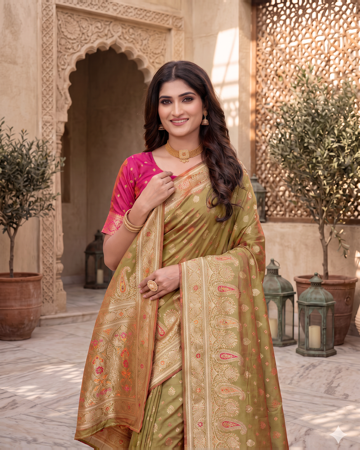 Kashish Floral Vine Zari Silk Saree with Rich Border - Mehndi - upper closeup