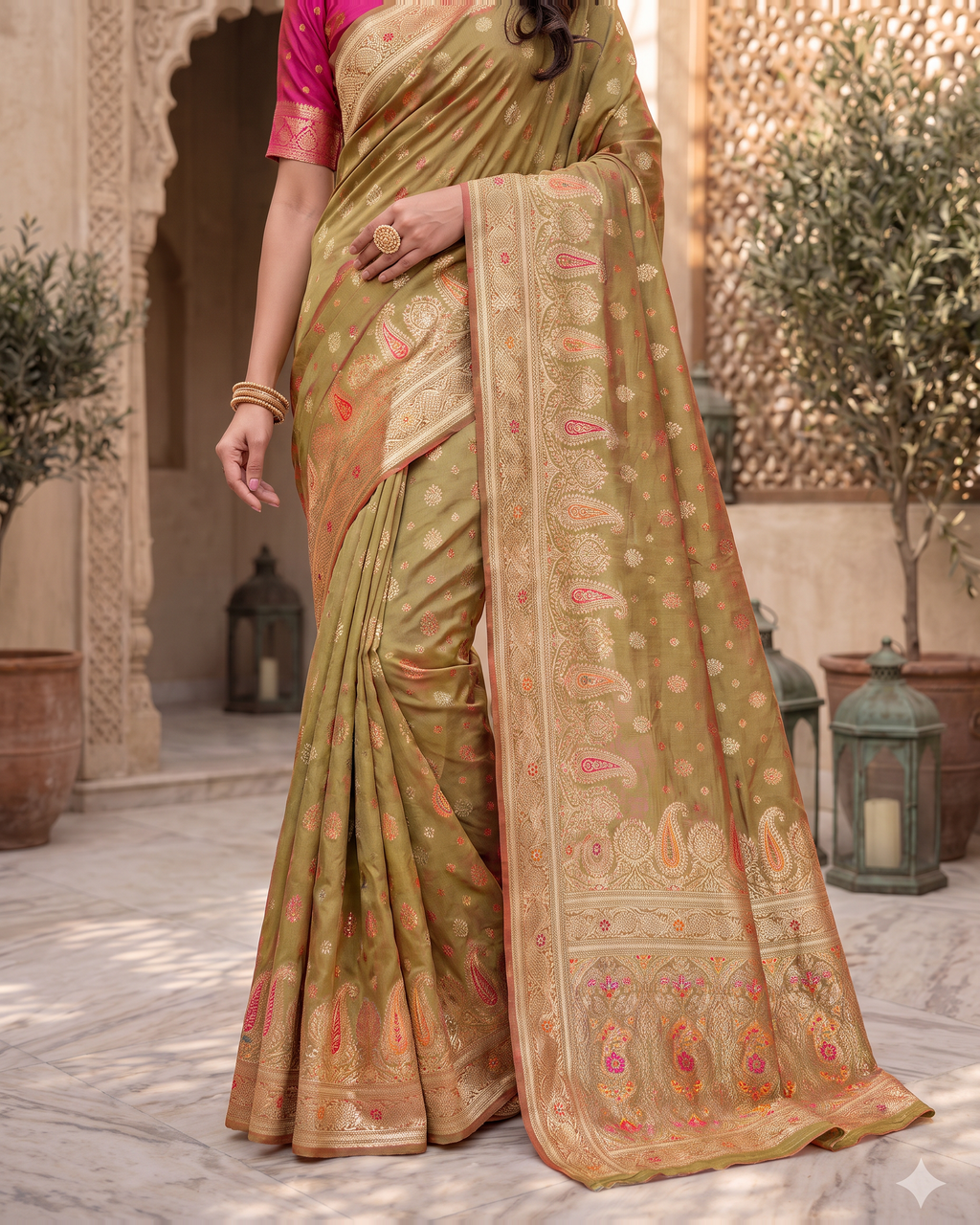 Kashish Floral Vine Zari Silk Saree with Rich Border - Mehndi - lower closeup