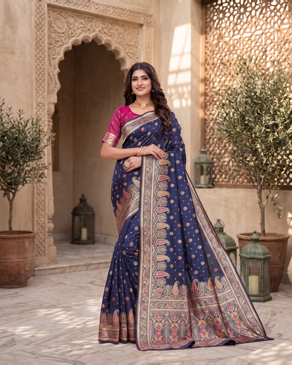 Kashish Floral Vine Zari Silk Saree with Rich Border - Navy Blue - full saree hero