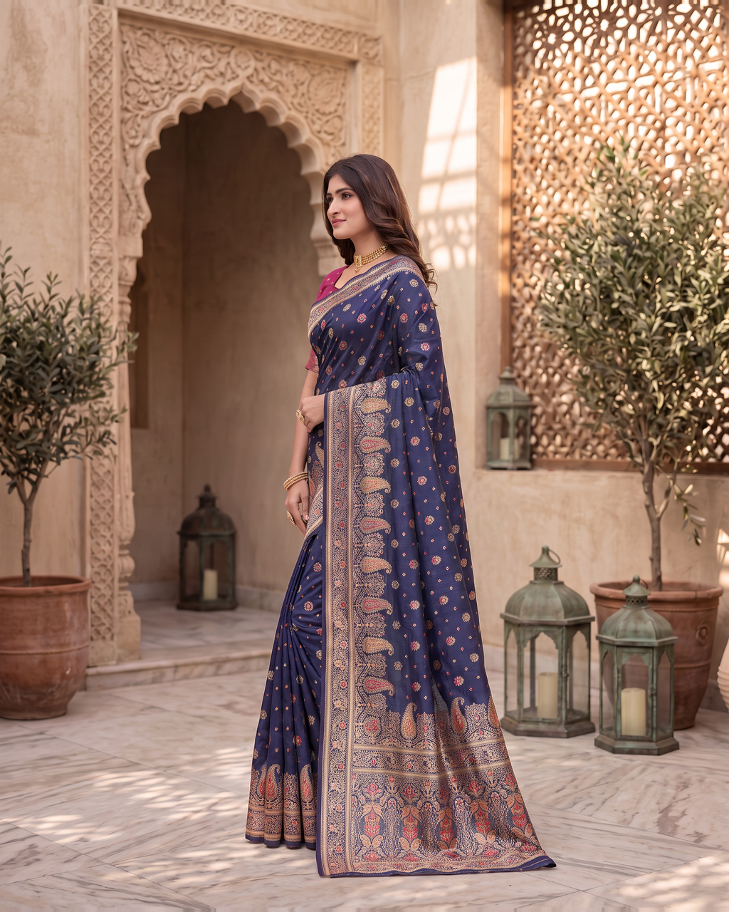 Kashish Floral Vine Zari Silk Saree with Rich Border - Navy Blue - side