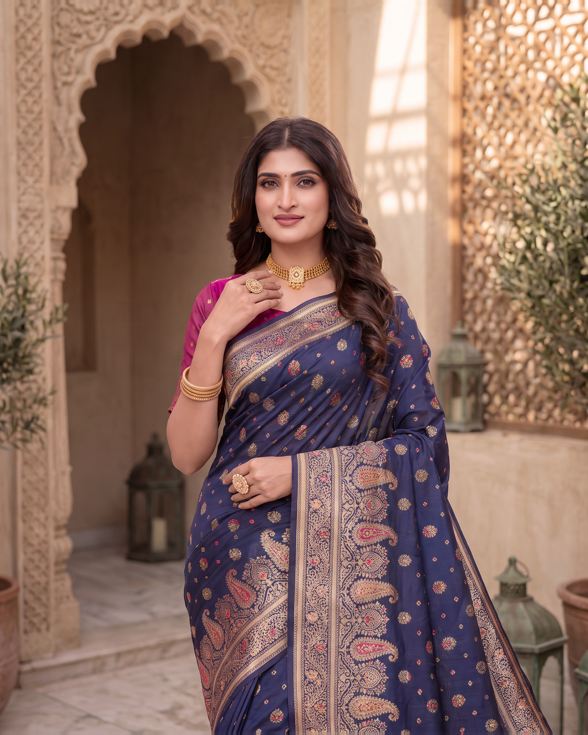 Kashish Floral Vine Zari Silk Saree with Rich Border - Navy Blue - upper closeup