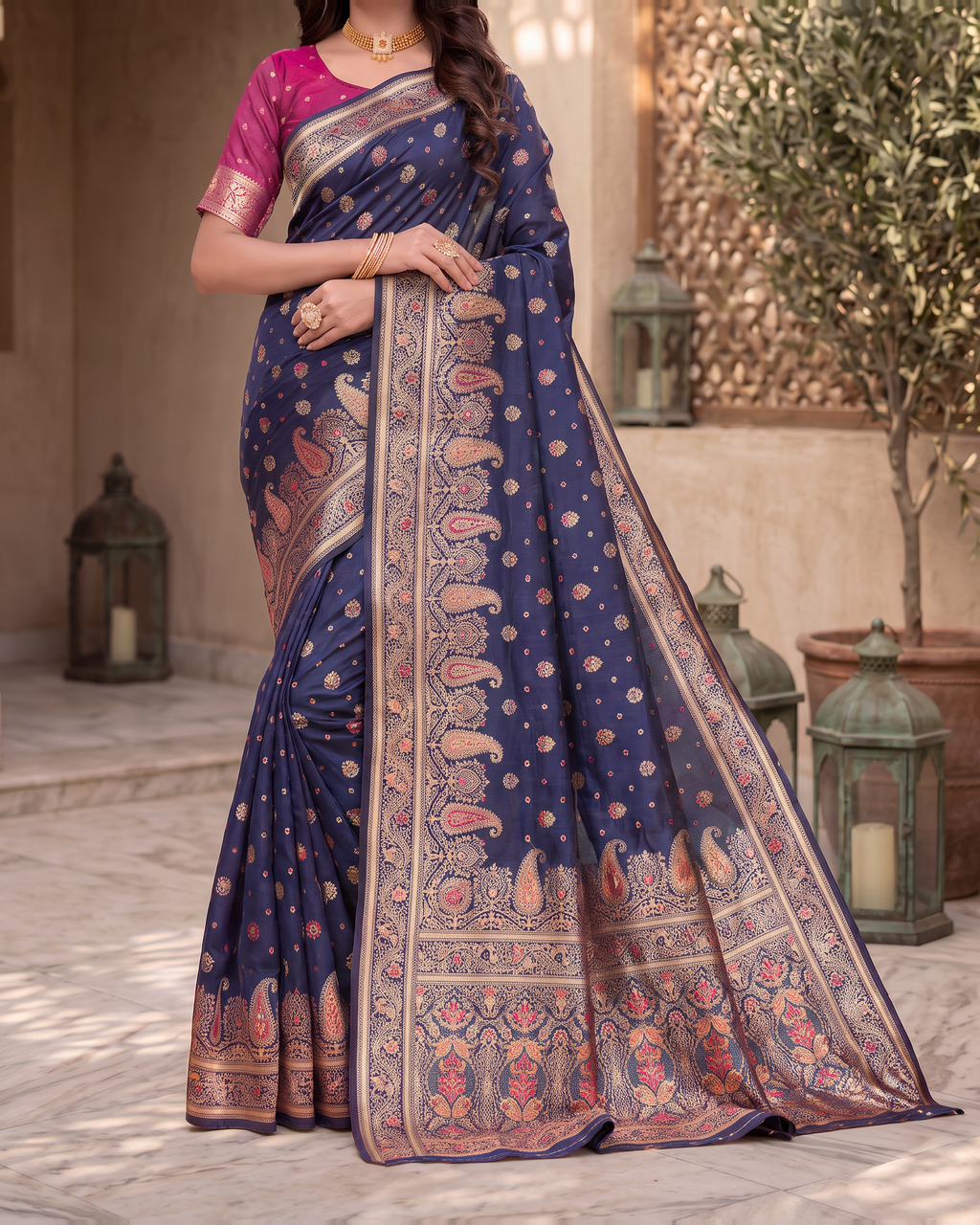 Kashish Floral Vine Zari Silk Saree with Rich Border - Navy Blue - lower closeup