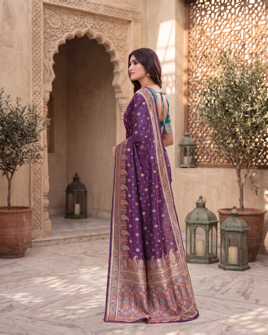 Kashish Floral Vine Zari Silk Saree with Rich Border - Purple - side