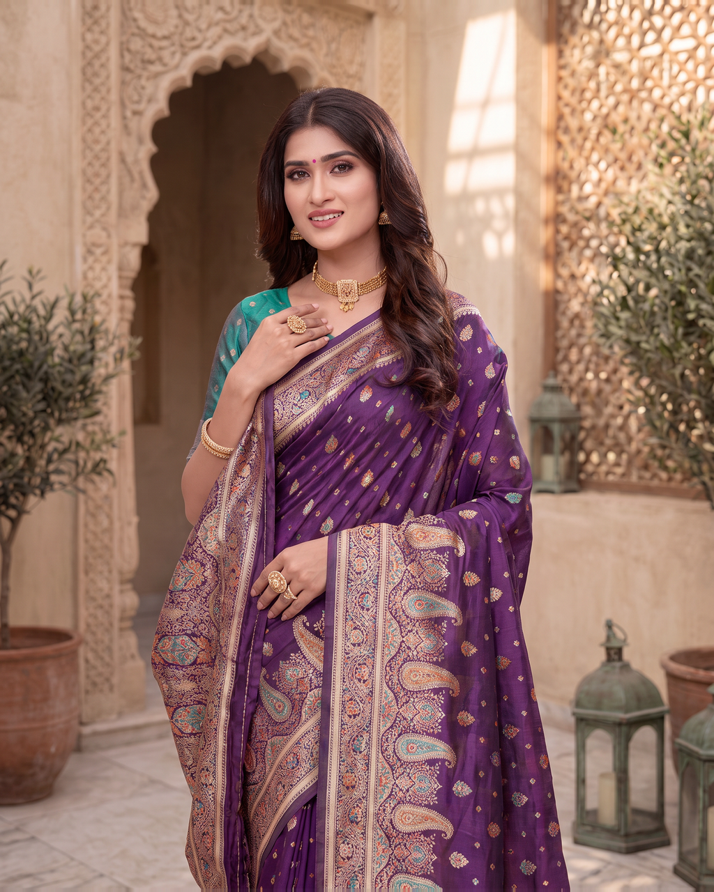 Kashish Floral Vine Zari Silk Saree with Rich Border - Purple - upper closeup