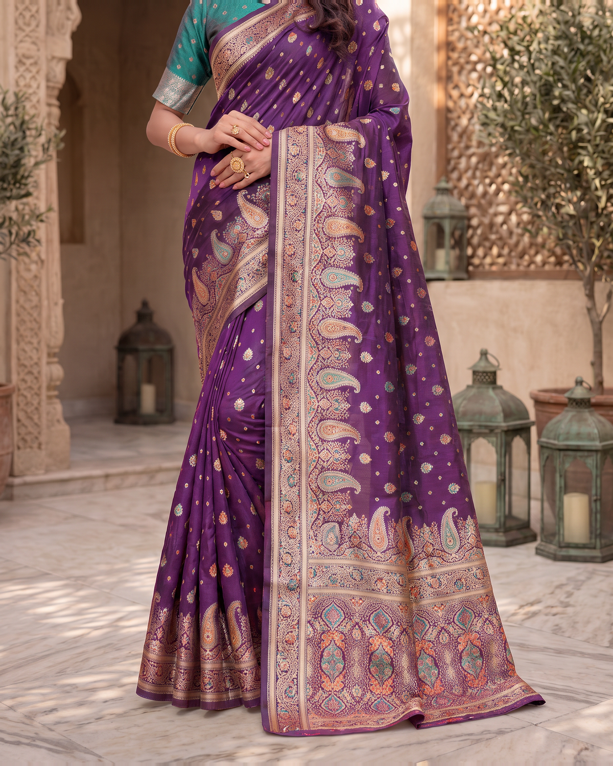 Kashish Floral Vine Zari Silk Saree with Rich Border - Purple - lower closeup