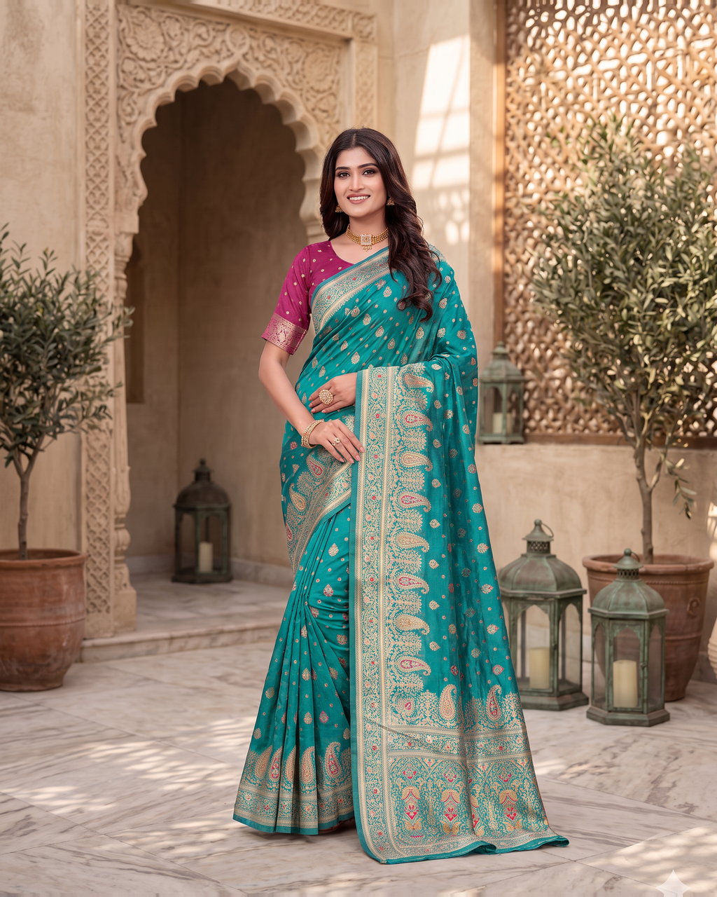 Kashish Floral Vine Zari Silk Saree with Rich Border - Rama - full saree hero