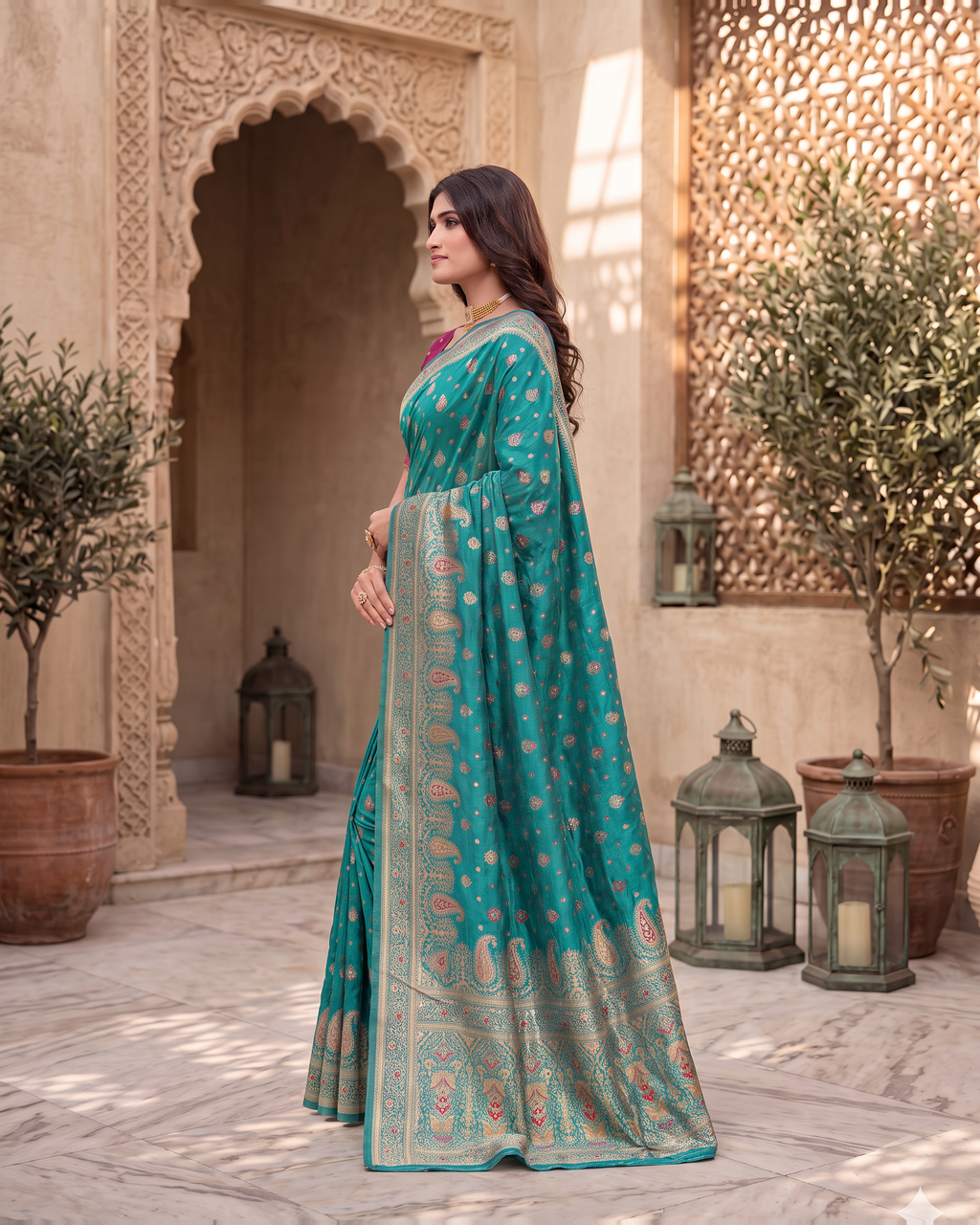 Kashish Floral Vine Zari Silk Saree with Rich Border - Rama - side