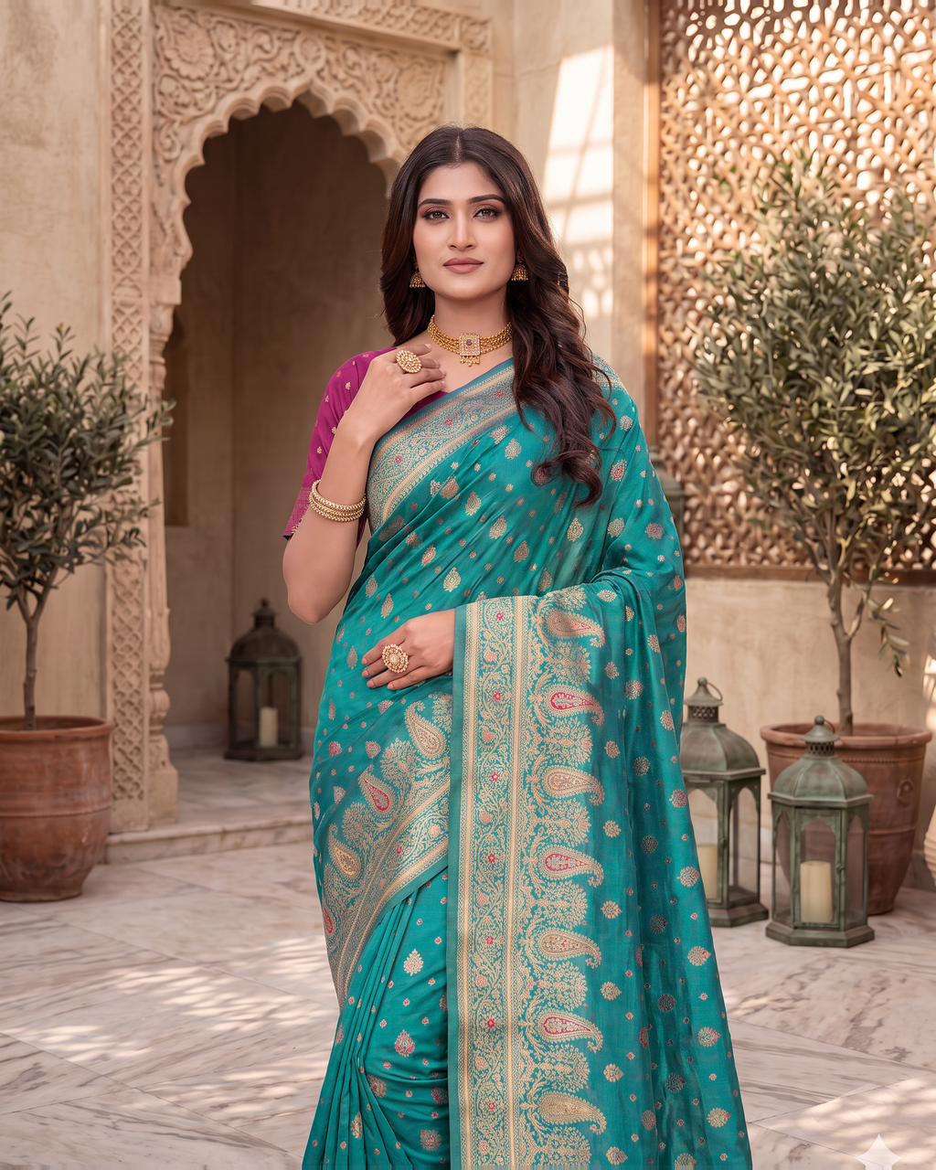 Kashish Floral Vine Zari Silk Saree with Rich Border - Rama - upper closeup