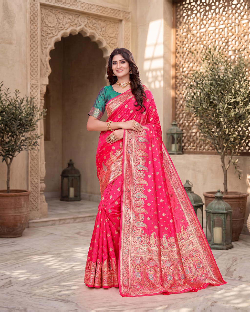 Kashish Floral Vine Zari Silk Saree with Rich Border - Rani - full saree hero