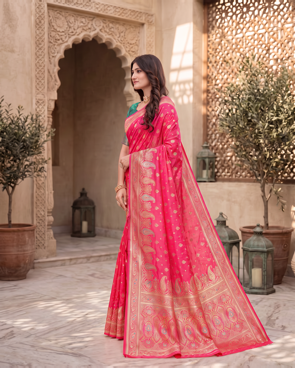 Kashish Floral Vine Zari Silk Saree with Rich Border - Rani - side