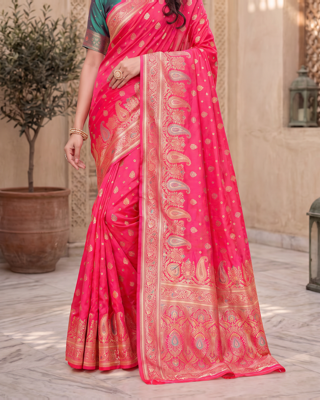 Kashish Floral Vine Zari Silk Saree with Rich Border - Rani - lower closeup