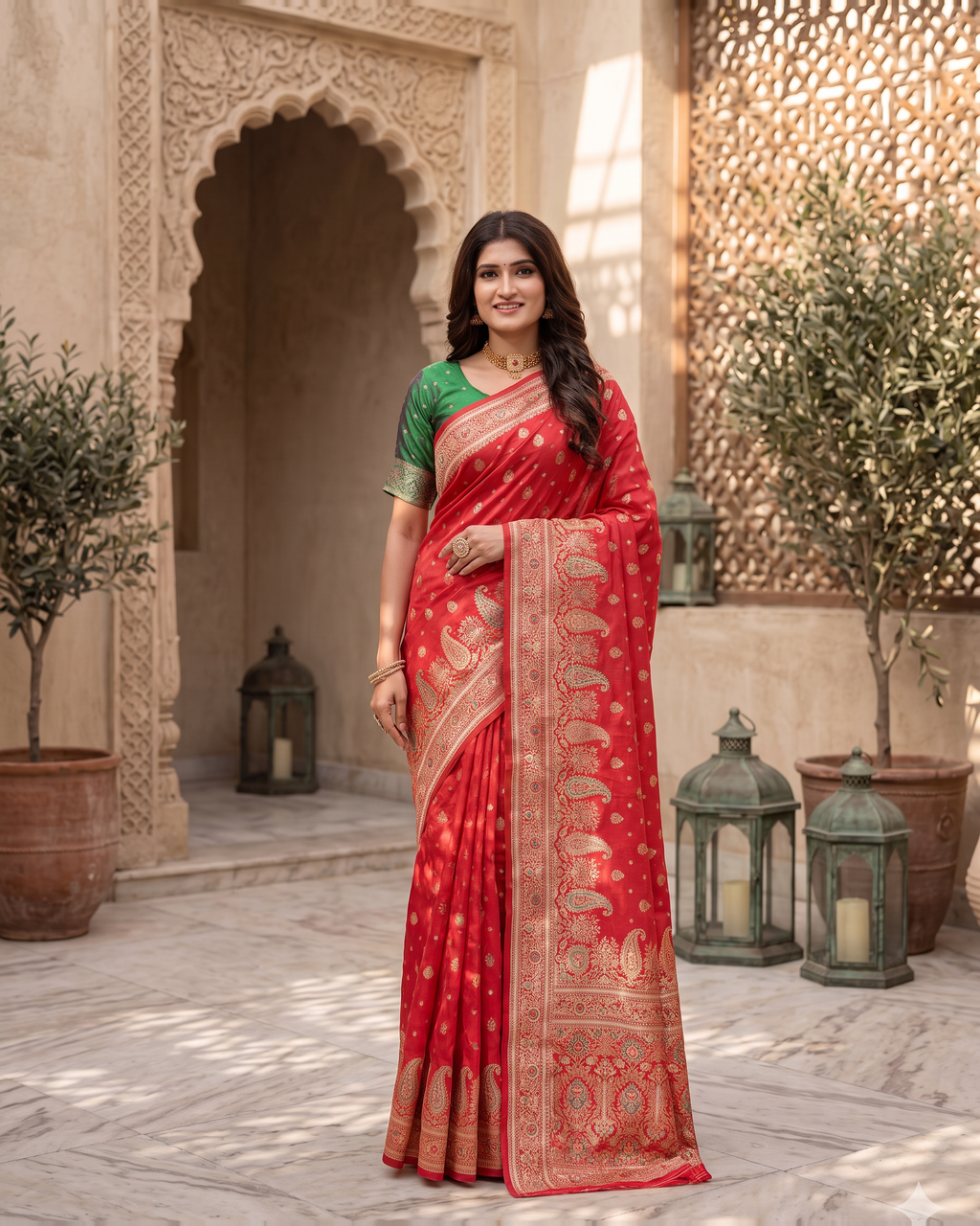 Kashish Floral Vine Zari Silk Saree with Rich Border - Red - full saree hero