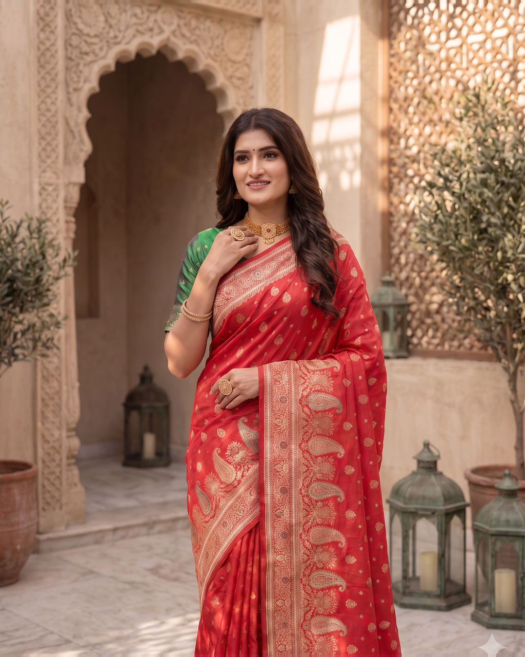 Kashish Floral Vine Zari Silk Saree with Rich Border - Red - upper closeup
