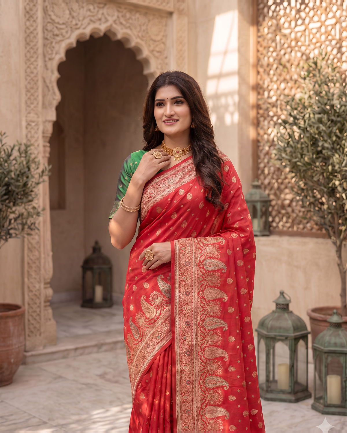 Kashish Floral Vine Zari Silk Saree with Rich Border - Red - upper closeup