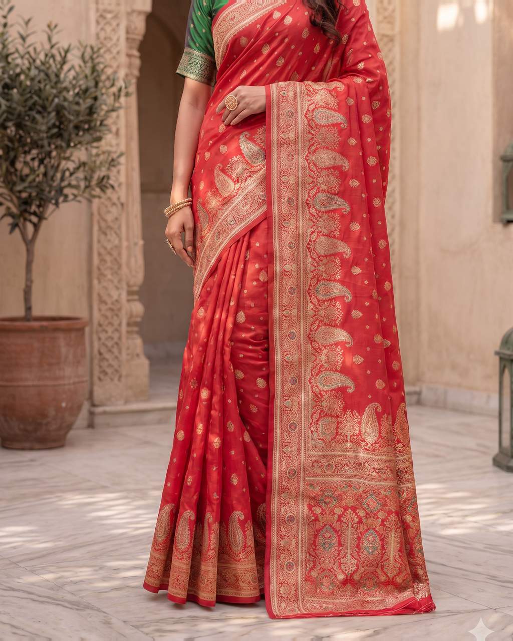 Kashish Floral Vine Zari Silk Saree with Rich Border - Red - lower closeup