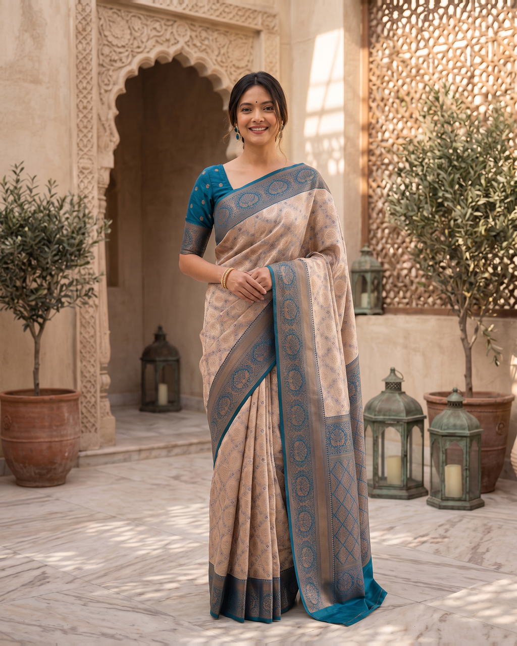 Kashvi Soft Contrast Festive Saree with Classic Border - Blue Grey - full saree hero