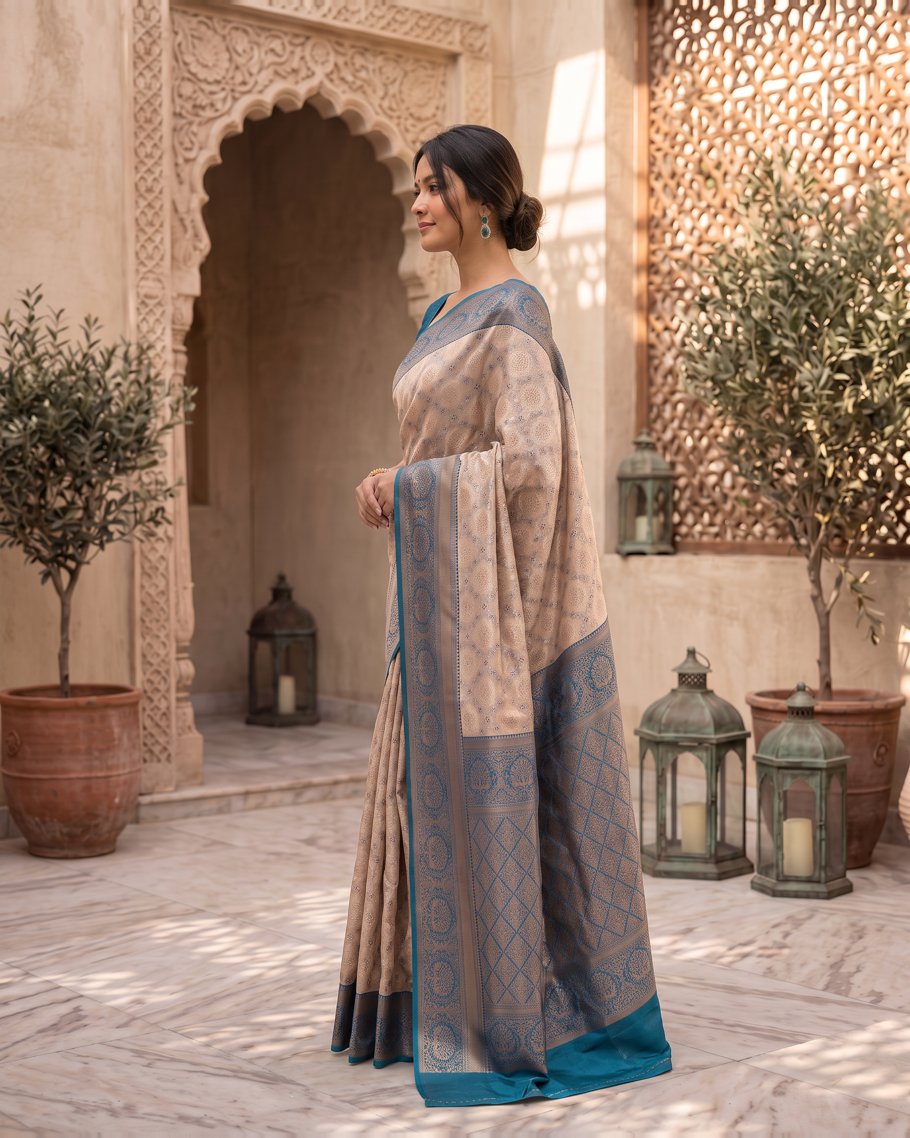 Kashvi Soft Contrast Festive Saree with Classic Border - Blue Grey - side