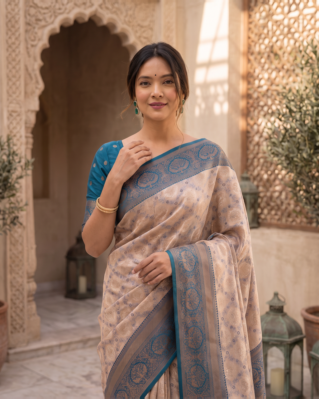Kashvi Soft Contrast Festive Saree with Classic Border - Blue Grey - upper closeup