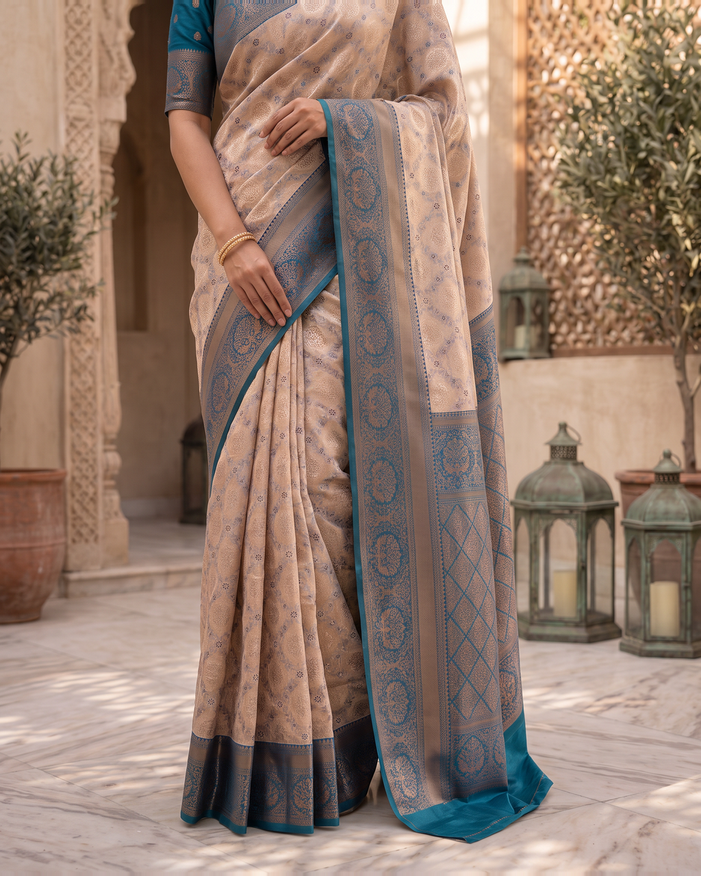 Kashvi Soft Contrast Festive Saree with Classic Border - Blue Grey - lower closeup
