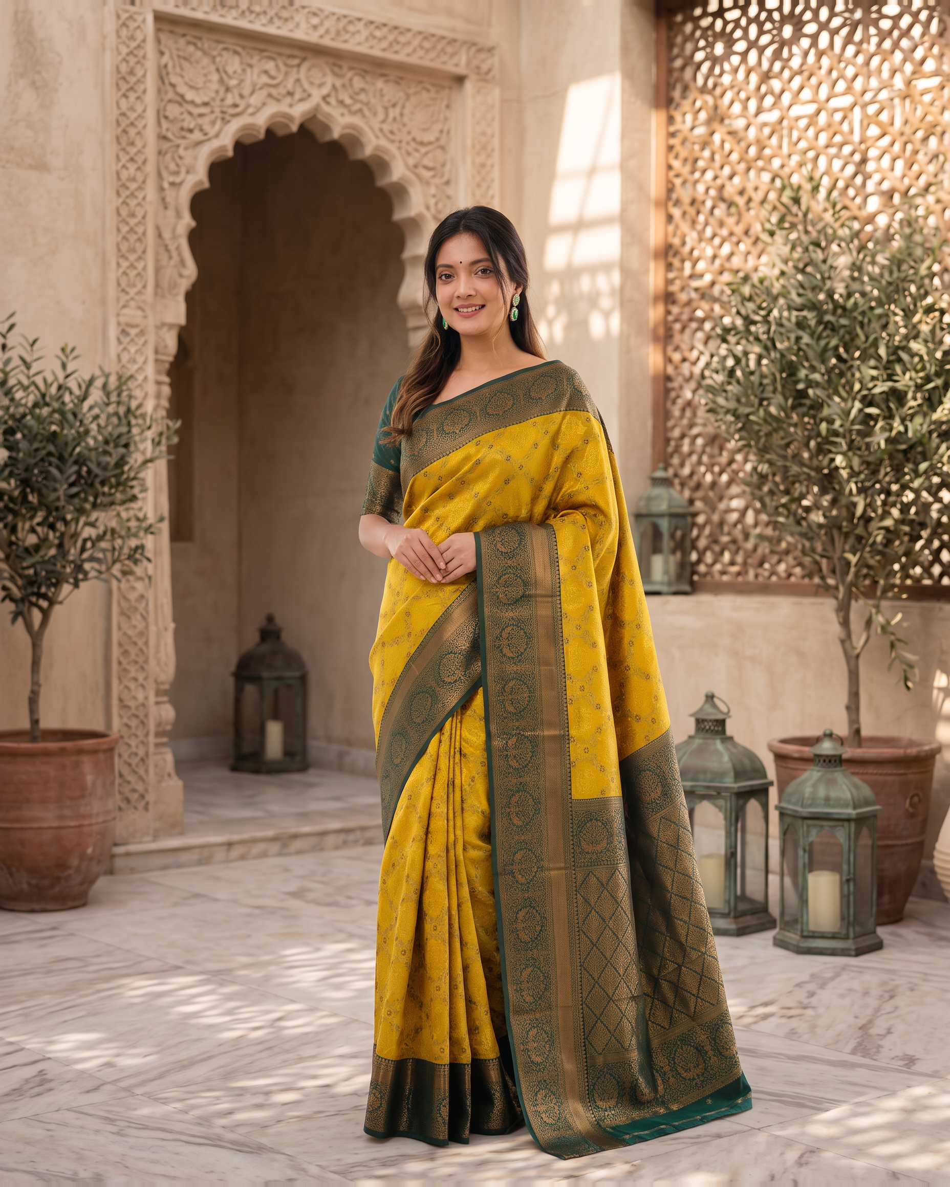 Kashvi Soft Contrast Festive Saree with Classic Border - Mustard - full saree hero