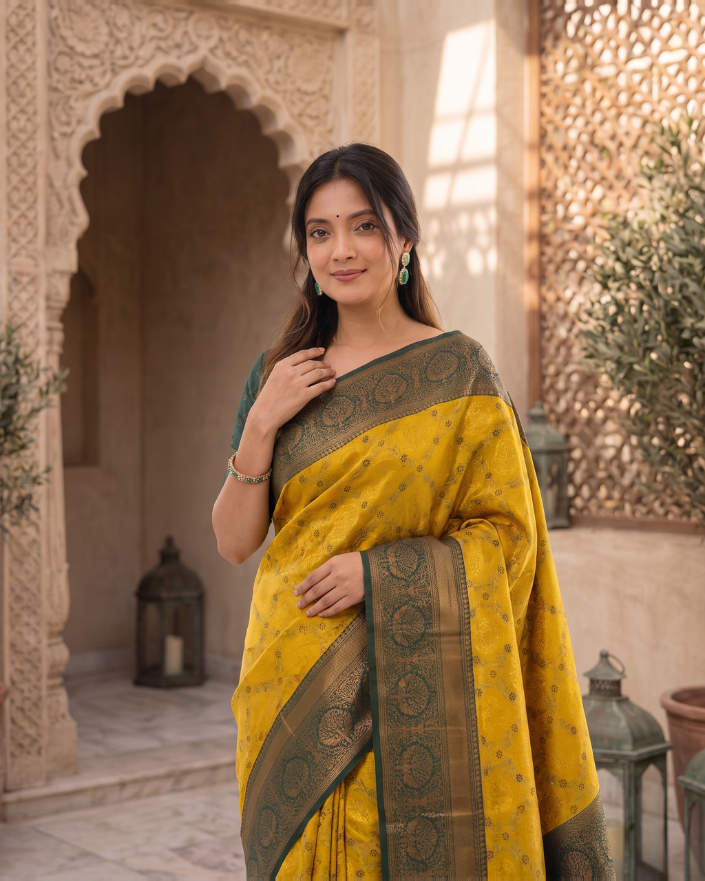 Kashvi Soft Contrast Festive Saree with Classic Border - Mustard - upper closeup