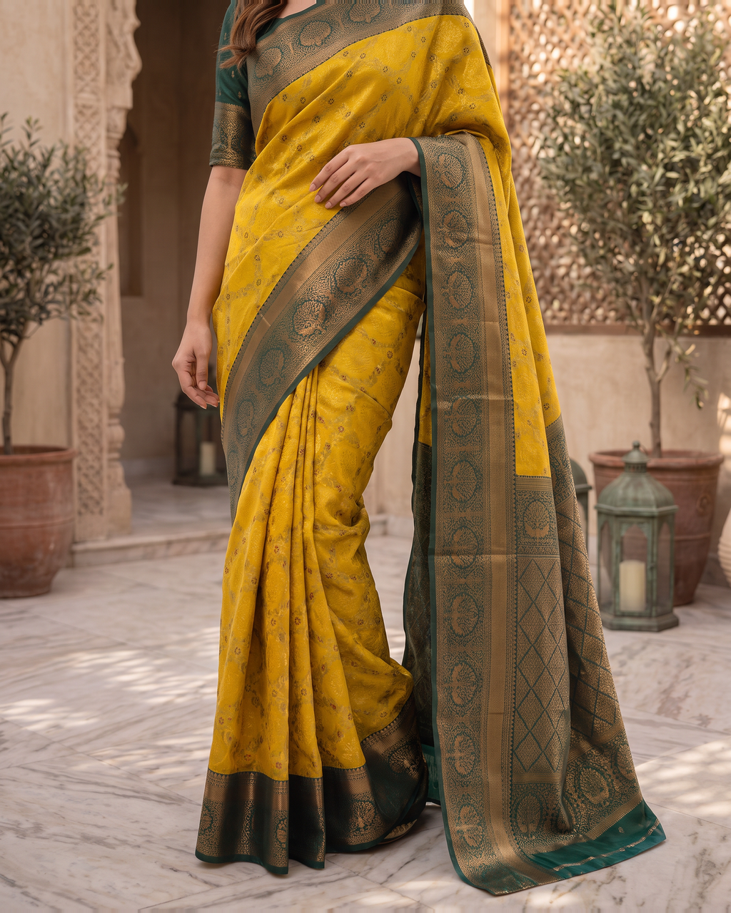 Kashvi Soft Contrast Festive Saree with Classic Border - Mustard - lower closeup