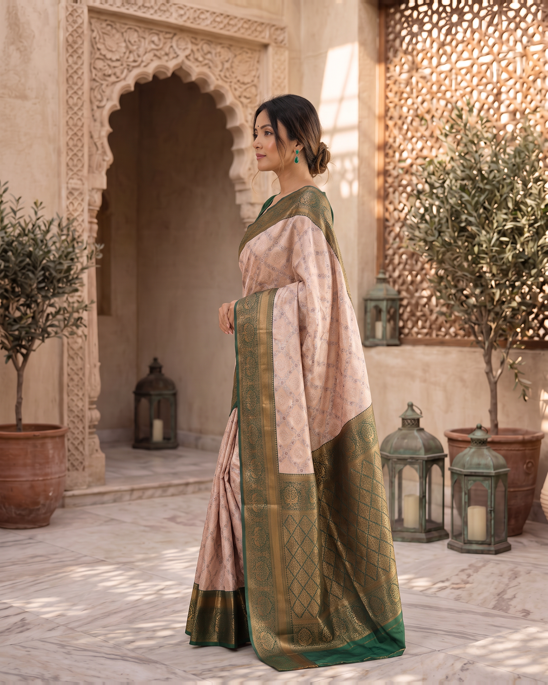 Kashvi Soft Contrast Festive Saree with Classic Border - Pink Green - side