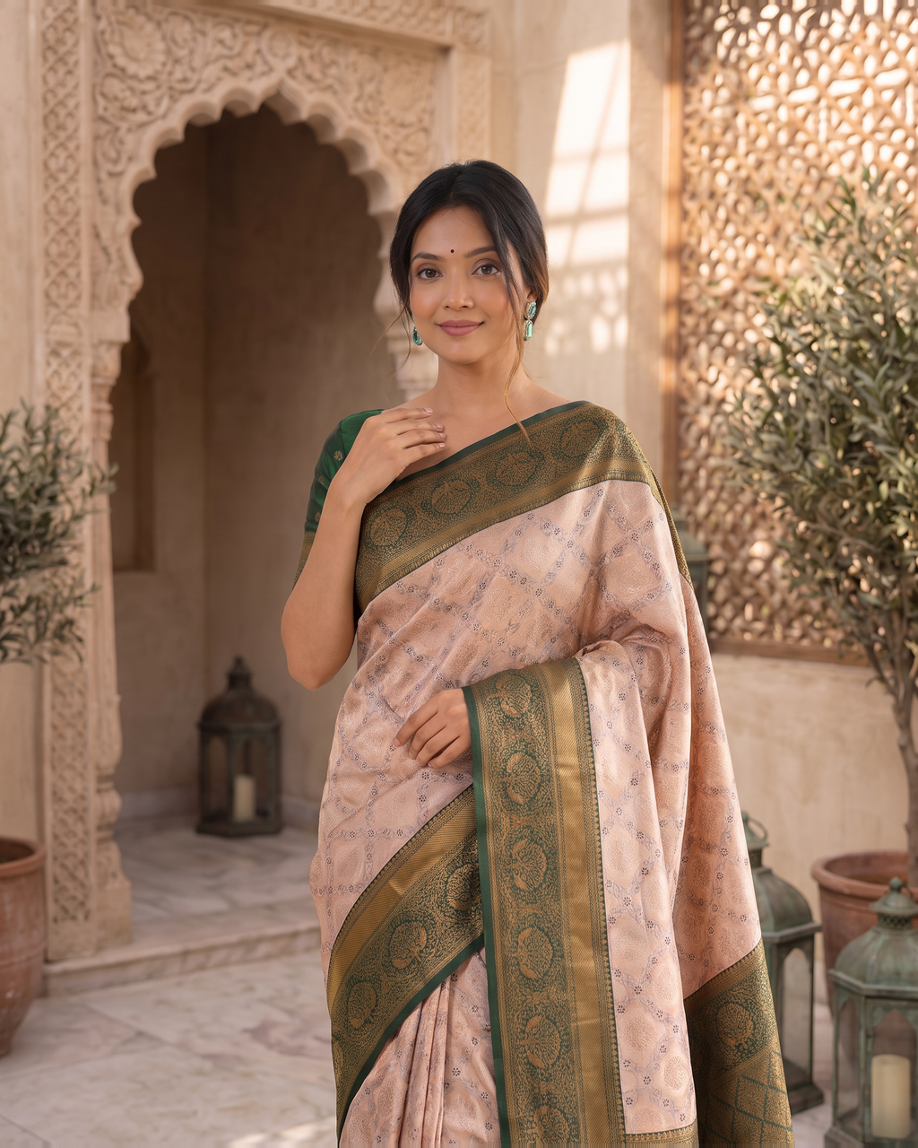 Kashvi Soft Contrast Festive Saree with Classic Border - Pink Green - upper closeup