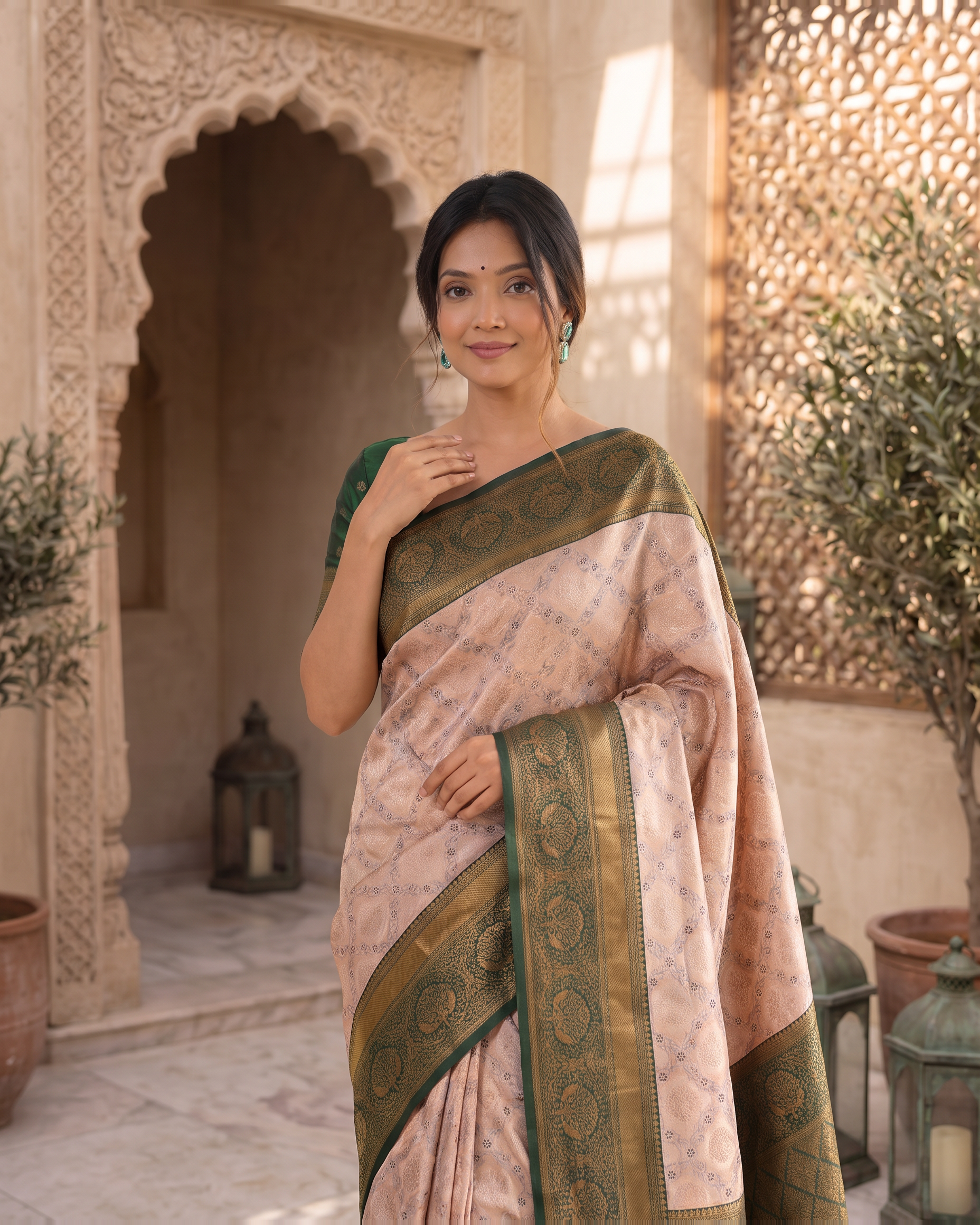 Kashvi Soft Contrast Festive Saree with Classic Border - Pink Green - upper closeup